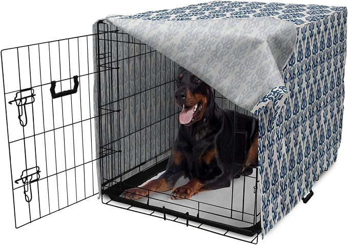 Lunarable Contemporary Blue Dog Crate Cover, Abstract Coral Inspired Motifs with Dots Around, Easy to Use Pet Kennel Cover for Medium Large Dogs, 42 Inch, Pale Eggshell Night Blue