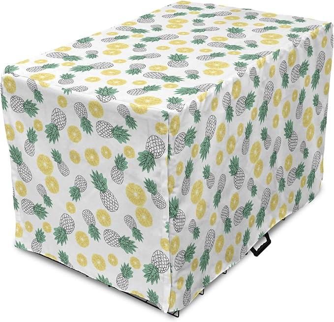 Lunarable Pineapple Dog Crate Cover, Doodle Style Whole and Sliced Pieces, Easy to Use Pet Kennel Cover for Medium Large Dogs, 36 Inch, White Yellow Jade Green