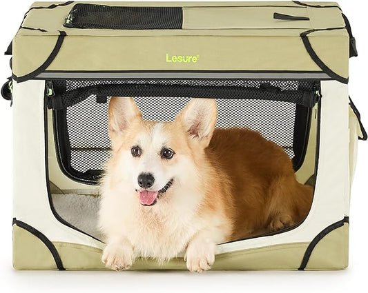 Lesure Soft Collapsible Dog Crate - 26 Inch Portable Travel Crate for Small Dogs Indoor & Outdoor, 4-Door Foldable Pet Kennel with Durable Mesh Windows, Beige