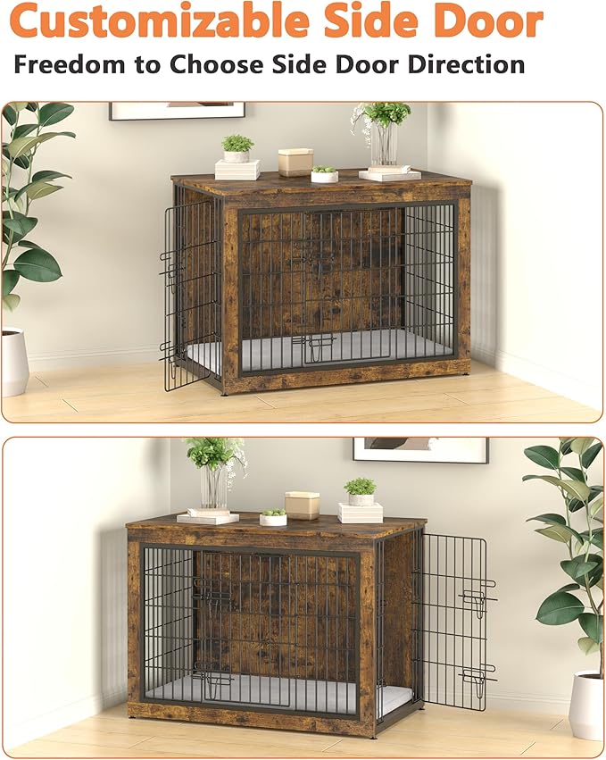 Piskyet Dog Crate Furniture with Cushion,Heavy-Duty Reinforced Metal Mesh,27" Wooden Dog Crate End Table with Double Doors,Indoor Dog Kennel,Dog Cage Side Table for Small Breed,Rustic Brown