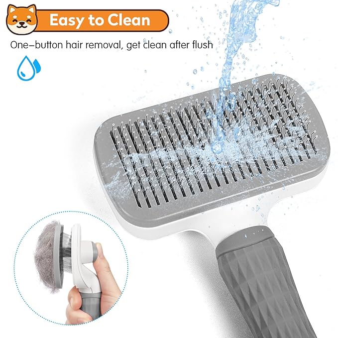 Self Cleaning Slicker Brush for Pets, Removes Loose Undercoat & Portable Comb for Long Short Haired Dogs & Cats (Gray)