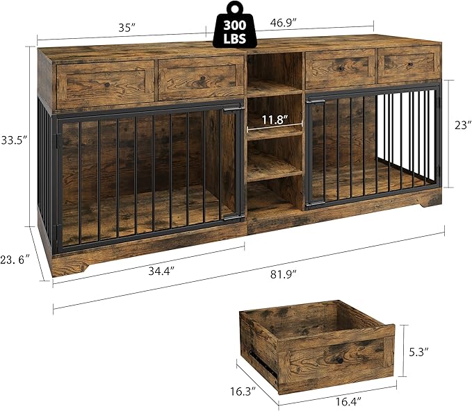 82” Double Dog Crate Furniture, Large Dog Kennel Indoor for 2 Dogs, Heavy Duty Wooden Dog Crate TV Stand with 4 Drawers and Shelves, Brown