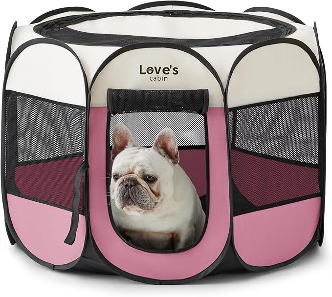 Love's cabin Pet Puppy Dog Playpen, Small Dog Tent Crates Cage Indoor/Outdoor, Portable Playpen for Cat, Foldable Pop Up Dog Kennel Playpen with Carring Case, Removable Zipper Top, Pink