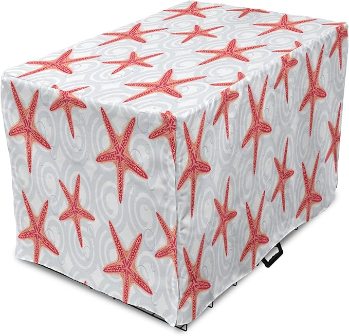 Lunarable Starfish Dog Crate Cover, Tropical Ocean with Sea Bubbles on Wavy Spiral Backdrop, Easy to Use Pet Kennel Cover for Small Dogs Puppies Kittens, 18 Inch, Dark Coral Salmon