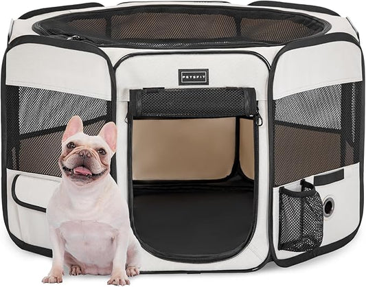PETSFIT Portable Dog Playpen, 29" Dia Puppy Playpen with Zipper Removable Mesh Top Cover and Leakproof Playpen Bottom Mat-Cat Playpen Indoor/Outdoor for Cats,Dogs&Small Animals