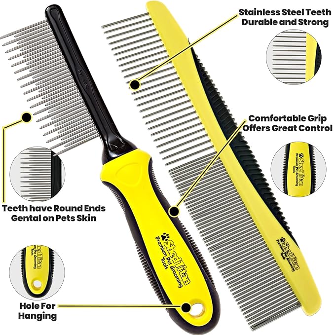 Metal Dog Comb for Matted Hair & Detangler Combs Set - Remove Tangles & Matted Fur - Easy Safe Cat & Dog Combs for Grooming Doodles