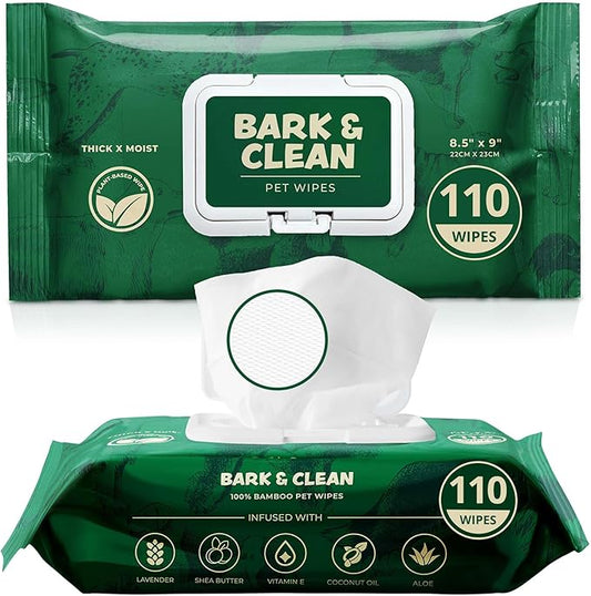 Dog Wipes for Cleaning and Deodorizing - 2 Pack of 110 8.5" x 9" Bamboo Pet Wipes - Compostable, Hypoallergenic Puppy Wipes - Dog Wipes for Paws, Butt, and Body