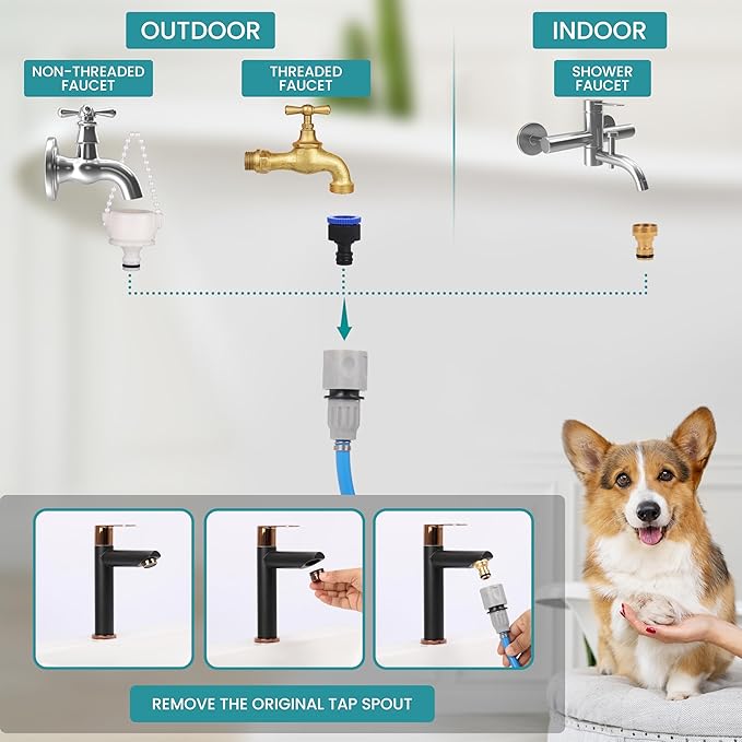 Dog Bath Hose Sprayer and Scrubber Attachment - Indoor/Outdoor Pet Bathing, Grooming and Washing - Pet Shower Brush with Garden Nozzle