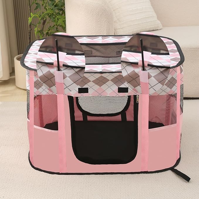 Foldable Pet Playpen, cat playpen, Puppy Play Pen for Indoors (Medium, Pink)