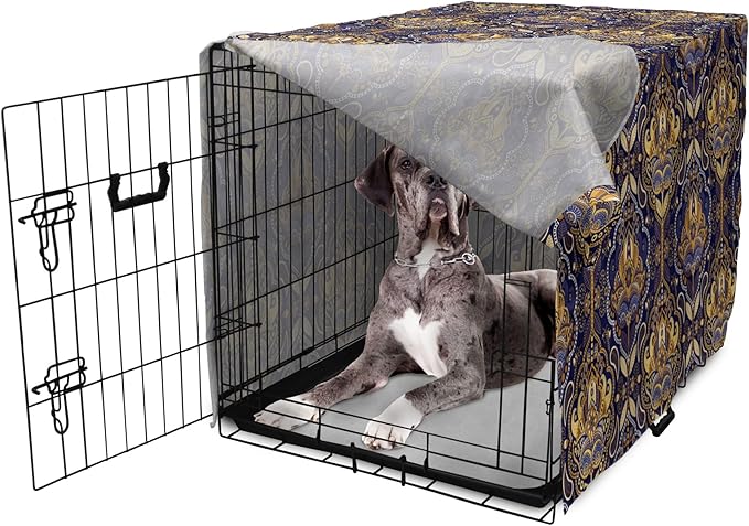 Ambesonne East Dog Crate Cover, Oriental Antique Pattern Foliage Inspirations Geometrical Design, Easy to Use Pet Kennel Cover for Medium Large Dogs, 48 Inch, Purple Yellow