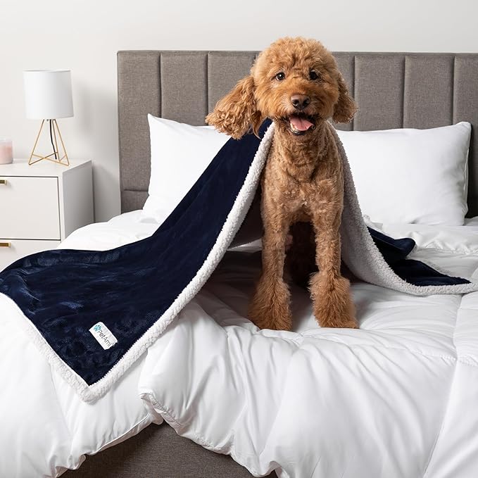 PetAmi WATERPROOF Dog Blanket for Medium Large Dog, Pet Puppy Blanket Couch Cover Protection, Sherpa Fleece Cat Blanket, Sofa Bed Furniture Protector Reversible Soft Plush Washable, 60x40 Navy Blue