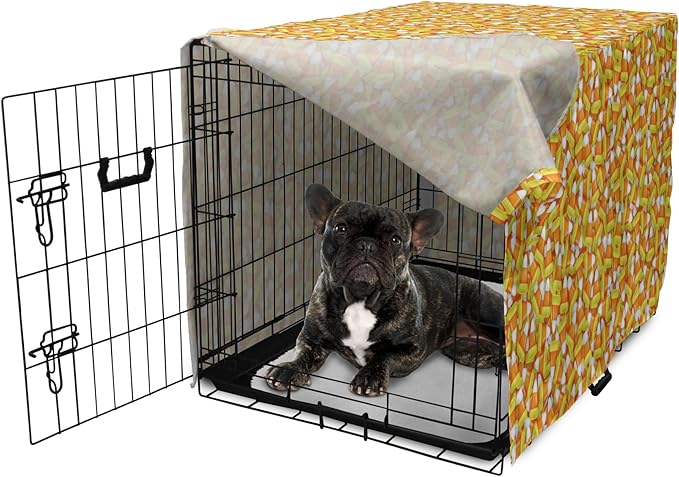 Lunarable Candy Corn Dog Crate Cover, Halloween Design of Cartoon Style Foods Scattered Randomly, Easy to Use Pet Kennel Cover for Cats & Medium Dogs, 24 Inch, Apricot Avocado Green