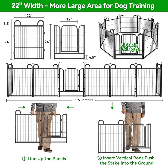 Puppy Playpen 8 Panels Small Dog Fence Outdoor Indoor Use 24" Height Anti-Rust with Doors Portable Dog Play Pen for RV Camping Yard, Total 15FT, 17 Sq.ft, Snowy Black