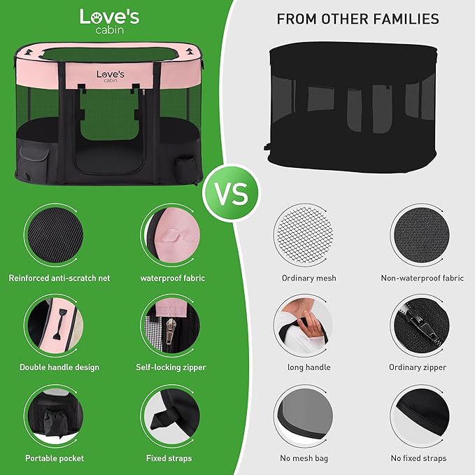 Love's cabin Pet Puppy Dog Playpen, Large Dog Tent Crates Cage Indoor/Outdoor, Portable Exercise Playpen for Cat, Foldable Pop Up Dog Kennel Playpen with Carring Case (L, Pink)