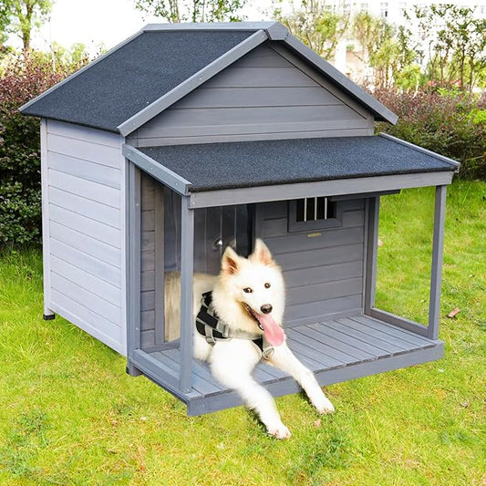 Outdoor Large Dogs House with Spacious Terrace,Open Waterproof Asphalt Roof Dog Kennel W/Breathable Window and Door Curtain,Fir Wood Dog Cage for Large Dogs,Easy to Assemble,Gray