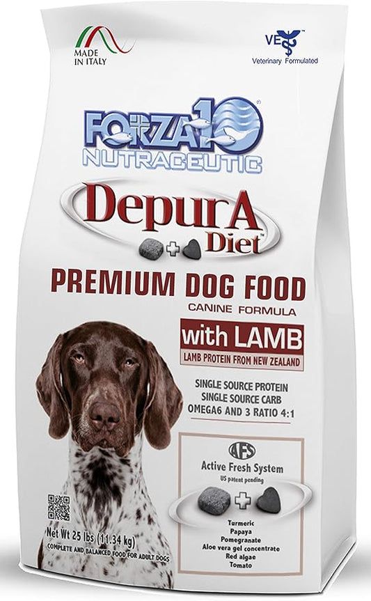 Forza10 Active Depura Daily Life Protection Dry Dog Food, 25 Pounds, Limited Ingredient Gluten Free All Natural Ingredients Omega 6 Vet Recommended Lamb Flavor Dog Food