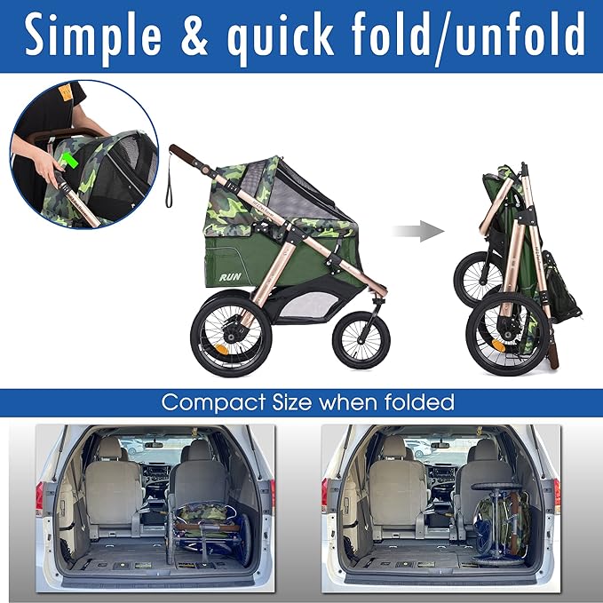 HPZ Pet Rover Run Performance Jogging Sports Stroller with Comfort Rubber Wheels/Zipper-Less Entry/1-Hand Quick Fold/Aluminum Frame for Small/Medium Dogs, Cats and Pets (Green Camo)