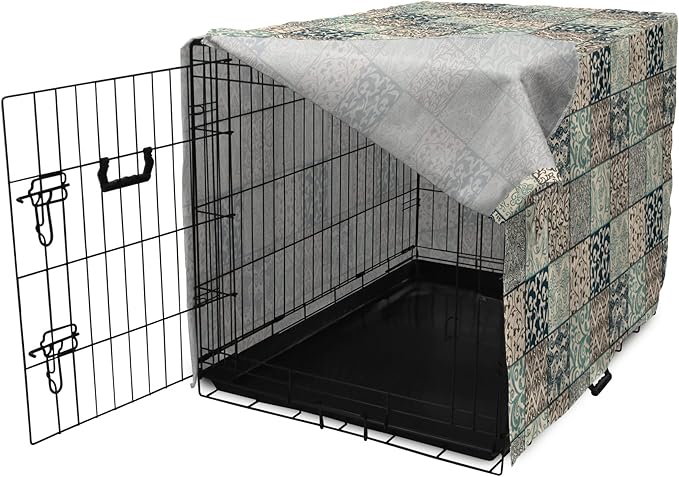 Lunarable Geometric Dog Crate Cover, Antique Mosaic with Victorian Garden Motifs Damask and Scroll Flower, Easy to Use Pet Kennel Cover for Cats & Medium Dogs, 24 Inch, Seafoam Brown Dark Blue