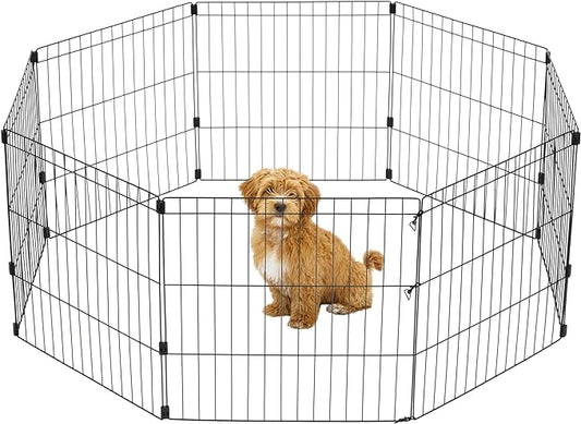 IRIS USA Metal Dog Playpen, 8-Panel 24" Pet Playpen, Puppy Playpen, Indoor/Outdoor Dog Fence, 58 x 58 x 24, Foldable, Customizable, Black