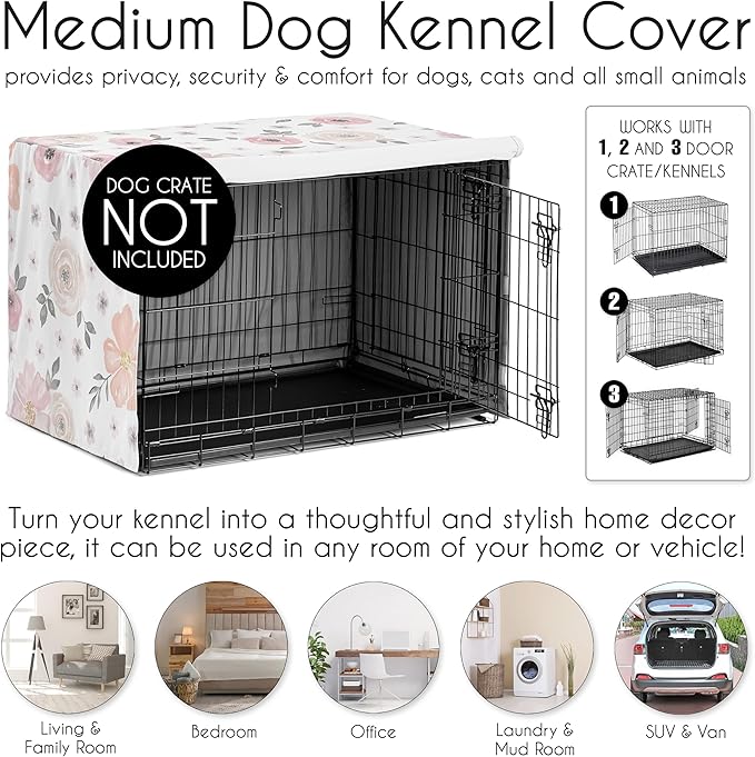 Sweet Jojo Designs Blush Pink Grey Boho Floral Dog Crate Cover – Kennel Covers for 36 Inch Pet Cage Medium - Bohemian Farmhouse Shabby Chic Rose Lily Watercolor Flower Elegant Gray and White