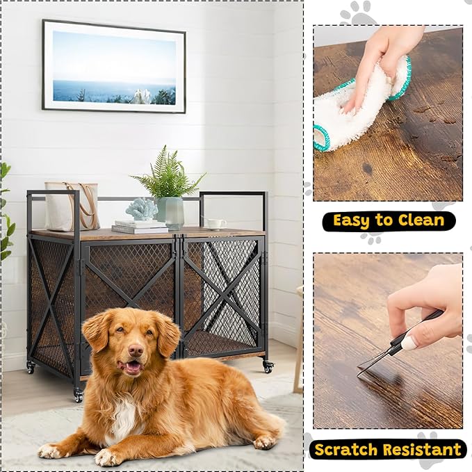 31 Inch Dog Crate Furniture, Heavy Duty Decorative Dog Cage with Lockable 360° Wheels, Double Door Dog Kennel End Table for for Small Medium Large Dog, Rustic Brown