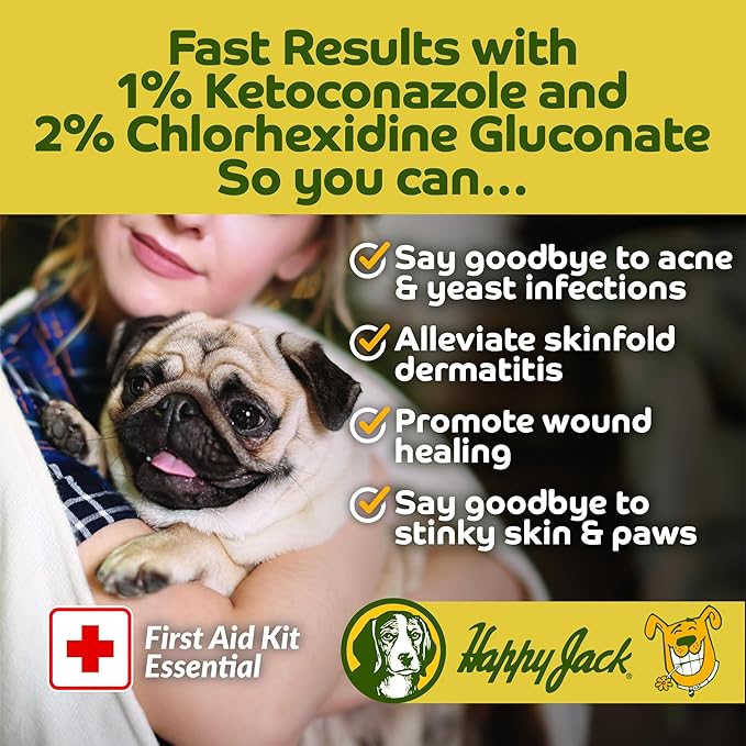 HAPPY JACK KetoHexidine Pet Wipes, Chlorhexidine Pads for Dogs & Cats with Ketoconazole, Cat Wipes for Acne, Wrinkles, Paws, Itchy Skin, 50 Ct