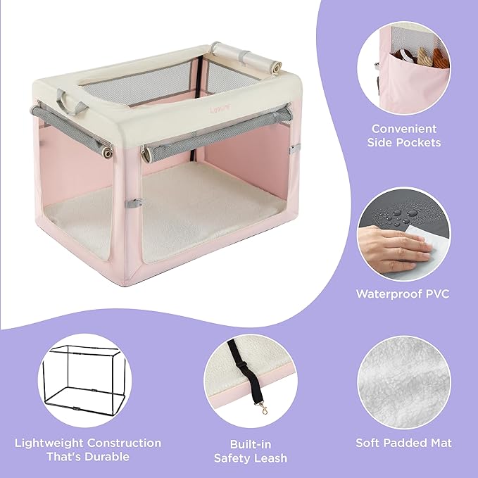 Lesure Collapsible Travel Dog Crate for Small Dogs, Portable Soft Dog Crate for Outdoor & Indoor, Folding Fabric Dog Kennel with Handle, 42 Inch Heavy Duty Pet Carrier (Pink)