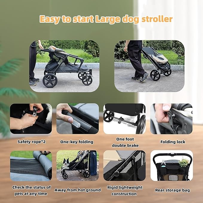 Dog Stroller for Medium/Large Dogs One-Click Folding 4 Wheel Pet Stroller Foldable Dog Stroller for 2 Dogs Jogger Stroller with Storage Pocket Suitable for Pets Up to 110LBS (Black&Grey)