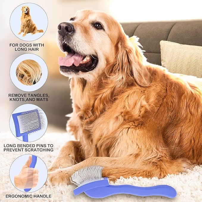Slicker Brush for Goldendoodles, Labradoodles & Poodles - Grooming Brush for Medium & Long-Haired Dogs (Blue)