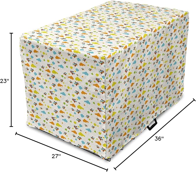 Lunarable Cartoon Dog Crate Cover, Flying Airplanes with a Style Fun Clouds in Colorful Design Artwork Print, Easy to Use Pet Kennel Cover for Medium Large Dogs, 36 Inch, Dark Orange and Blue