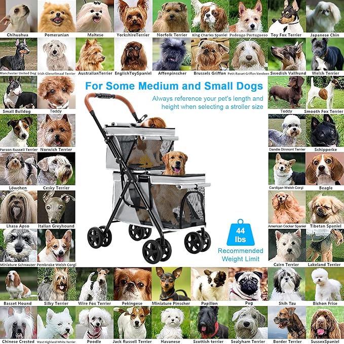 Double Pet Stroller for Dogs and Cats, One-Hand Folding Dog Stroller Travel Carriage for Small Medium Dogs Cats, 4 Wheels, Gray