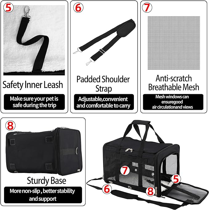 Soft Sided Cat/Dog Carrier,Collapsible Mesh Pets Travel Carriers for Pet/Puppy with Shoulder Strap & Removable Mat,Top Load Small Dogs/Cats Carry Bag Up to 25 Lbs(Black - L)