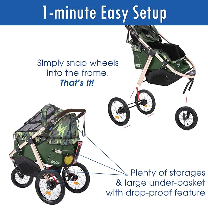 HPZ Pet Rover Run Performance Jogging Sports Stroller with Comfort Rubber Wheels/Zipper-Less Entry/1-Hand Quick Fold/Aluminum Frame for Small/Medium Dogs, Cats and Pets (Green Camo)
