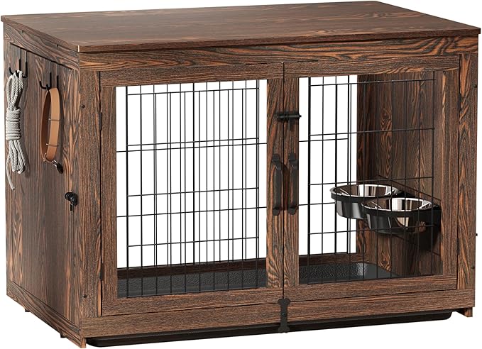 Piskyet Wooden Dog Crate Furniture with 360°Rotatable Removable Dog Bowls, Dog Crate End Table with Tray, Double Doors Dog Kennels for Dogs(L:37.7" L*25.1" W*26.1" H, Rustic Brown)