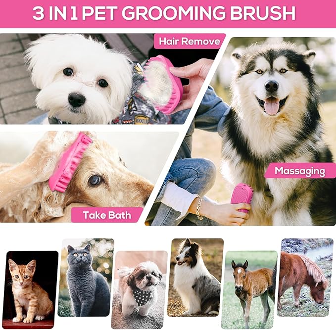 Dog Bath Brush, Dog Bath Supplies Silicone Shampoo Brush Long & Short Haired Dogs Cats, Scrubber Washing Grooming Pet Brush, Soft Massage Shedding Brush Bathing Shower Small Large Pets (Pink)