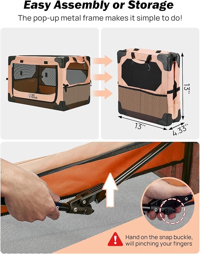 JOYTUTUS Collapsible Dog Crate, 20 Inch Portable Pet Crate for Car, Travel Foldable pet Crate for Puppy/Small Dog 18 lbs, Soft Cat Carrier Fit for Indoor & Outdoor/Car Back Seat/Trunk (Orange)