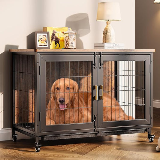 37.5 Inch Dog Kennel Furniture, Heavy Duty Dog Crate Furniture with Wheels, Grid Base, Removable Tray, Latches, Indoor Farmhouse Dog Cage for Medium and Small Dogs, Brown