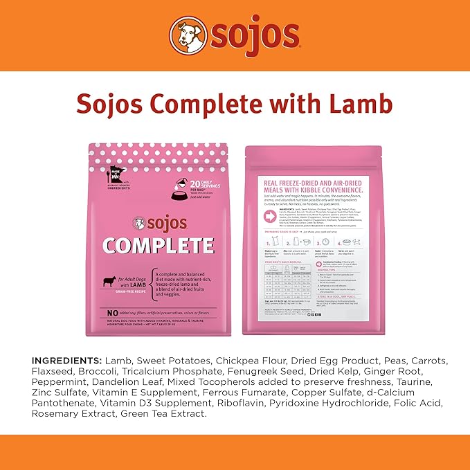 SOJOS Complete Lamb Recipe Dehydrated Dog Food, 1.75 lb, Pink