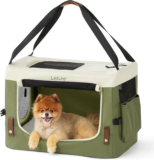 Lesure Collapsible Travel Dog Crate for Small Dogs, Portable Soft Dog Crate for Outdoor & Indoor, Folding Fabric Dog Kennel with Handle, 24 Inch Heavy Duty Pet Carrier (Green)