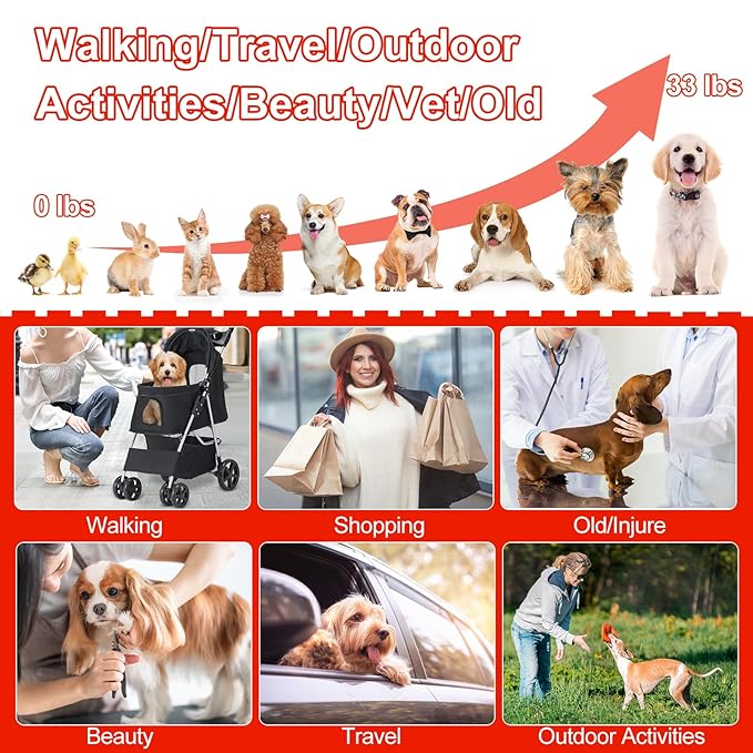 Pet Stroller for Medium Small Dogs and Cats, Folding Puppy Stroller Dog Cat Cage Jogger Stroller with Cup Holder and Storage Basket, 4 Wheels, Black