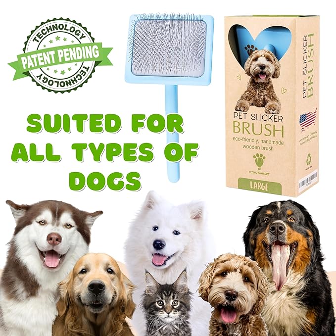 Pet Slicker Brush With Soft Massage Grooming Stainless Steel Pins - For Dematting, Shedding Fur, and Undercoat - Ideal Gift for Professional Pet Groomers - Long Slicker Brush - Flying Pawfect