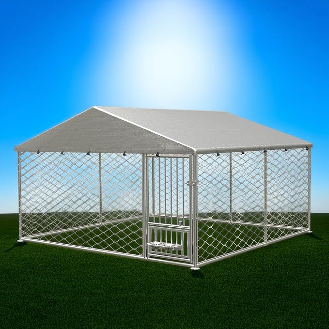 Large Outdoor Dog Kennel, Heavy Duty Galvanized Steel Dog Enclosure with Swivel Feeder, Chicken Coop w/Waterproof UV-Resistant Cover, Lockable Door Chain Link for Backyard (118" L x 118" W x 60" H)