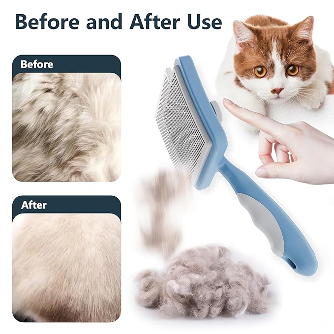 Cat Brush with One-Click Button, Cat Brushes for Indoor Cats Shedding,Self Cleaning Slicker Cat Brush for Shedding Massaging Grooming, Suitable for Long Short Haired Pets, Comfortable/Easy to Clean