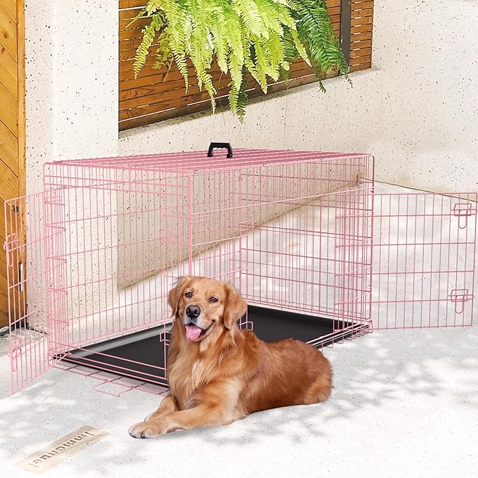 FDW Dog Crate for Large Dogs 42 Inch Folding Metal WirePet Cage Double Door W/Divider Panel Indoor Outdoor Kennel Leak-Proof Plastic Tray,Pink