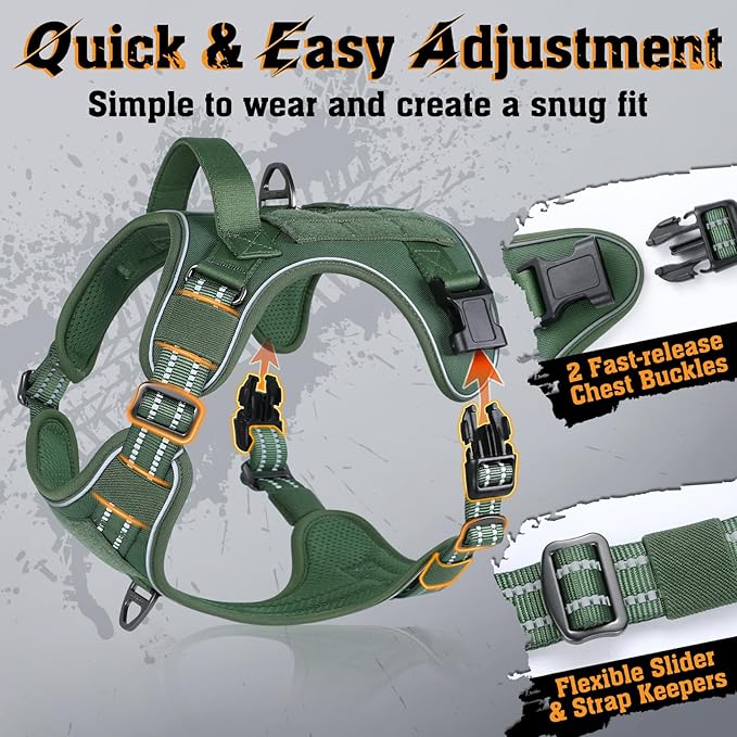 rabbitgoo Dog Harness Medium Sized No Pull, Tactical Service Dog Vest with Molle and Control Handle, Adjustable and Reflective Military Pet Harness for Easy Walking and Training, Green, M