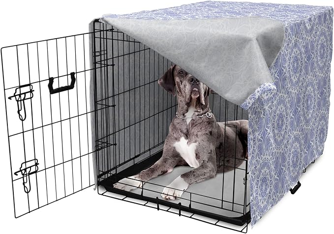 Lunarable Mandala Dog Crate Cover, Ceremonial Retro Minimal Far Eastern Pattern, Easy to Use Pet Kennel Cover for Medium Large Dogs, 48 Inch, Lavender Blue and White