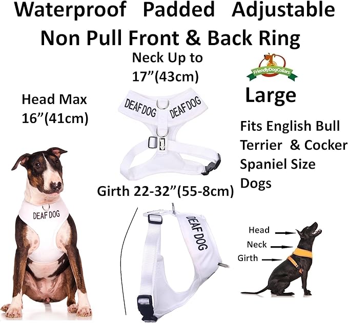 Deaf Dog (Dog Has Limited/No Hearing) White Colour Coded Non-Pull Front and Back D Ring Padded and Waterproof Vest Dog Harness Prevents Accidents by Warning Others of Your Dog in Advance (L)