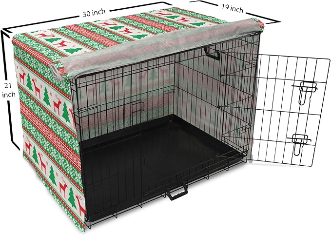 Ambesonne Christmas Dog Crate Cover, Knit Style Graphic Reindeer Star and Snowflake Holiday Family Theme, Easy to Use Pet Kennel Cover for Cats & Medium Dogs, 30 Inch, White Green