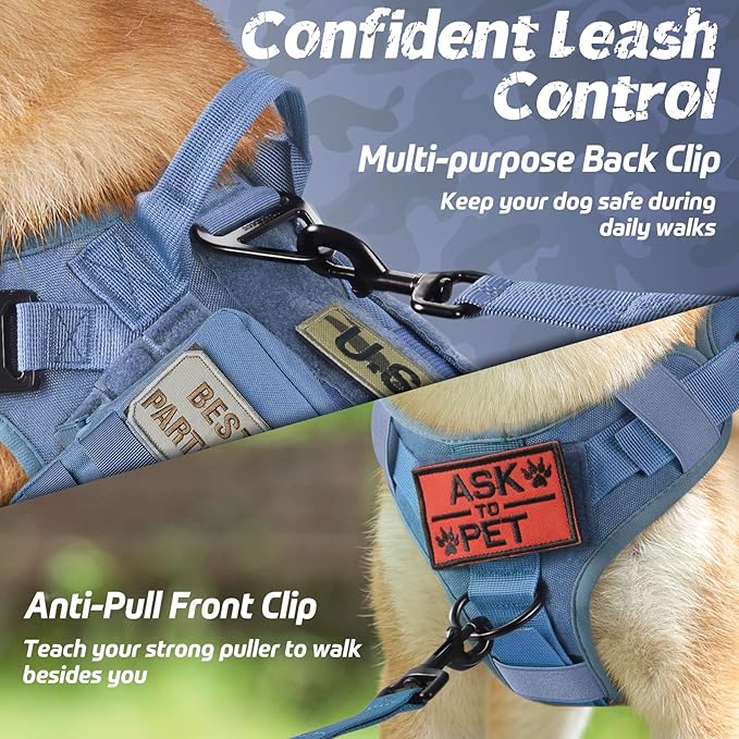 rabbitgoo Tactical Dog Harness for Large Dogs, Heavy Duty Dog Harness with Handle, No-Pull Service Dog Vest Large Breed, Adjustable Military Dog Vest Harness for Training Hunting Walking, Blue, L