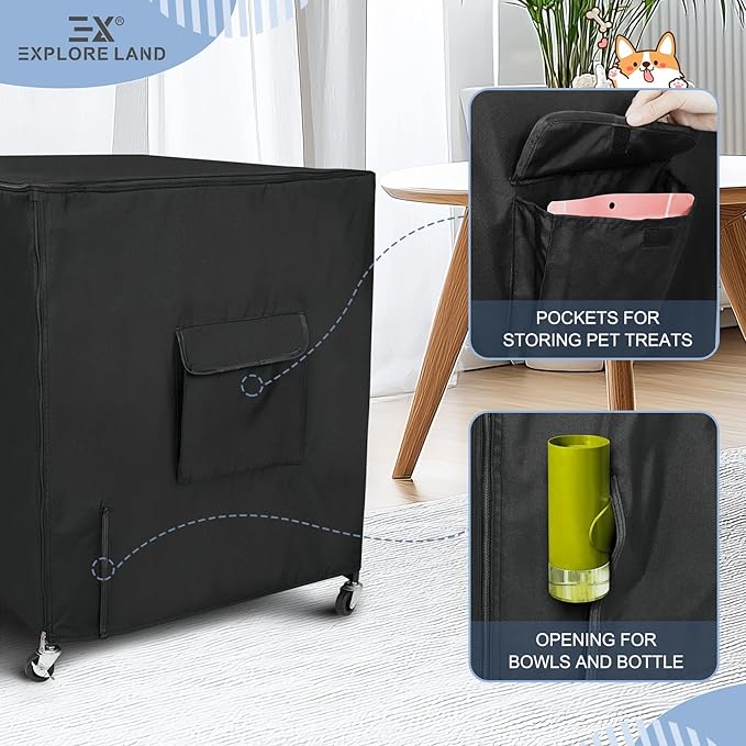 Explore Land 36 inches Dog Crate Cover with Top Panel Non-Toxic Inodorous Polyester Friendly for Dogs (Black)